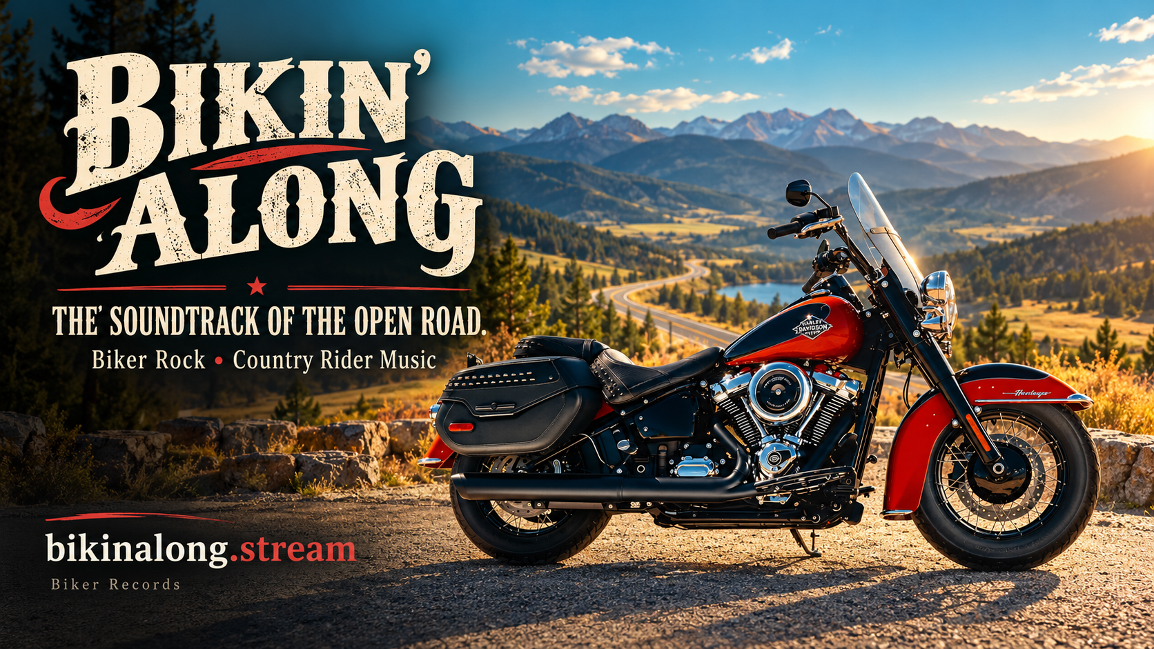 Bikin’ Along. The soundtrack of the open road. Biker rock and country rider music. A red motorcycle overlooks a sunlit mountain road.